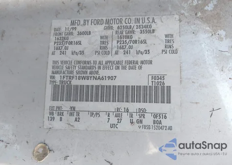 2000 Ford F-150 Work Series/Xl/Xlt from USA, damaged, VIN 1FTRF18W8YNA61907